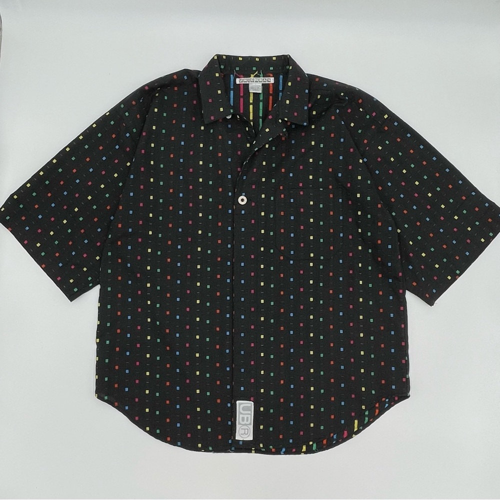 Vintage Unionbay Shirt Men's Rainbow Stripe Short Sleeve Black Button-Up Large‎